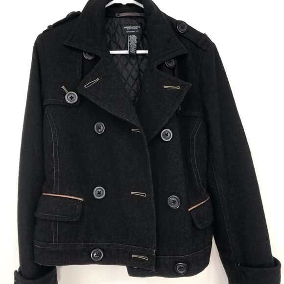 American Eagle Black Wool Blend Double Breasted Button Short Cut Pea Coat - Picture 4 of 16